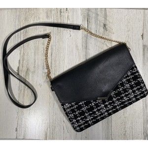 Ann Taylor Factory Faux Leather Crossbody Clutch Houndstooth Black White Classic